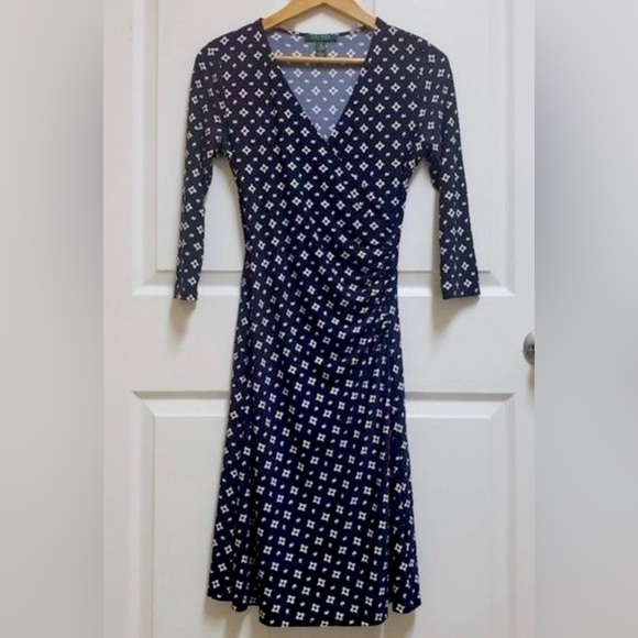 Ralph Lauren Dresses & Skirts - Ralph Lauren Navy and White Geometric 3/4 Sleeve Dress